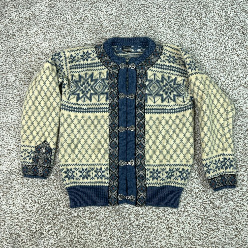 Dale Of Norway Cardigan Womens Small White Blue Wool Fair Isle Ski Sweater Clasp